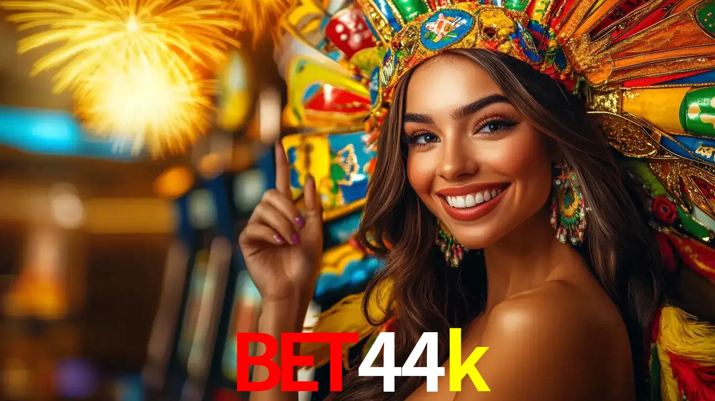 Mulher sorridente com um cocar de carnaval vibrante e colorido, celebrando uma grande vitória nos jogos do cassino bet44k com fogos de artifício ao fundo.