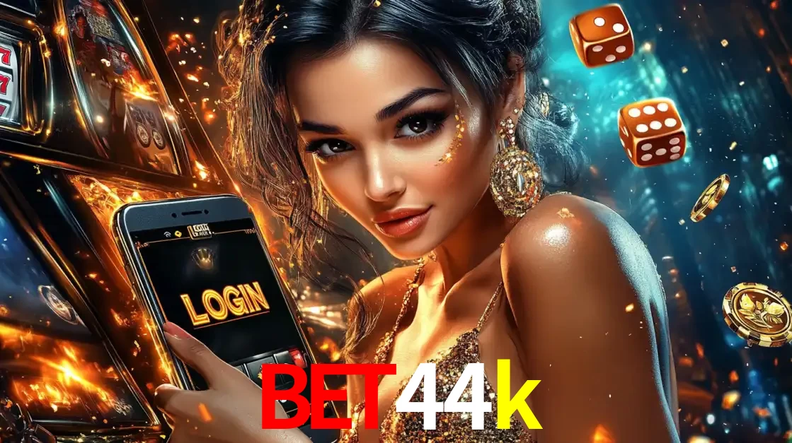 Mulher glamourosa segurando um celular com a tela de login do cassino bet44k, rodeada por dados e moedas douradas, pronta para começar a diversão.