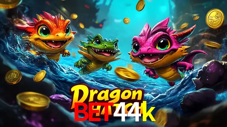 Arte promocional do jogo Dragon Hatch com três adoráveis dragões bebês nadando entre moedas de ouro, um dos slots mais divertidos para jogar no cassino bet44k.
