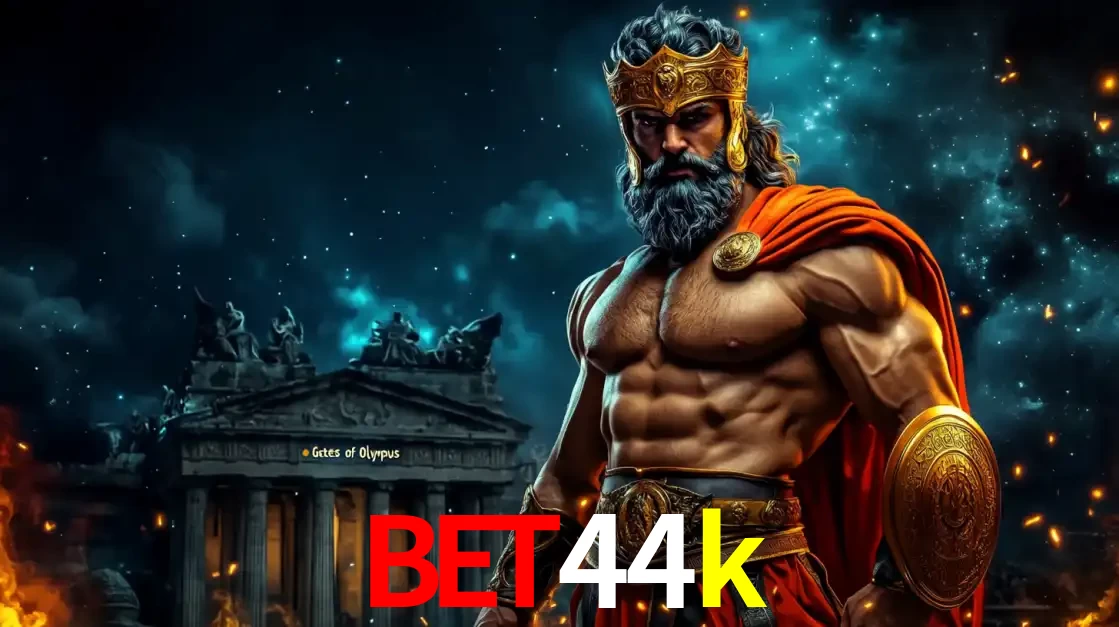 O poderoso Zeus do jogo de slot Gates of Olympus em frente ao seu templo, pronto para lançar multiplicadores divinos e prêmios épicos no cassino online bet44k.