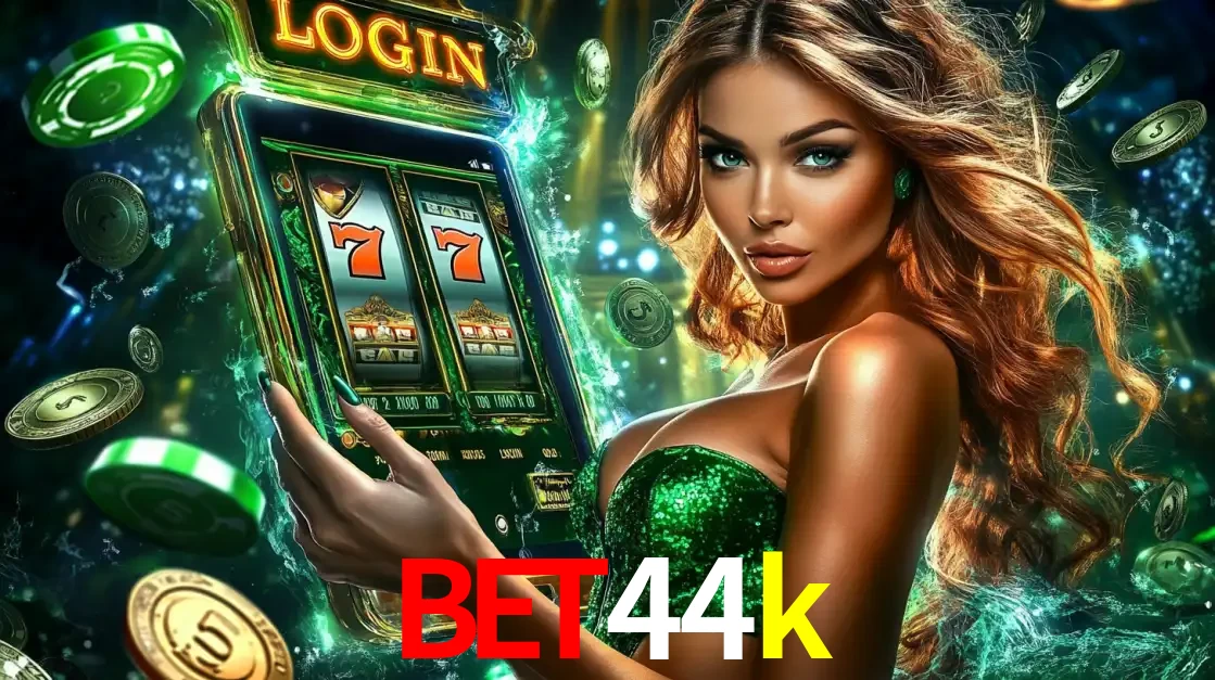 Mulher com tema verde apresentando o aplicativo do cassino bet44k com um jogo de slot de 777, cercada por fichas de cassino e uma aura de sorte.
