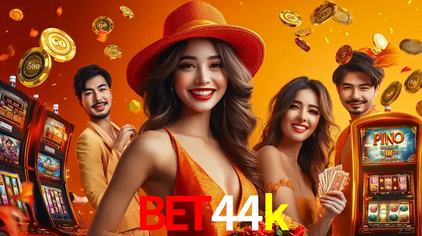 Grupo de amigos asiáticos sorrindo e se divertindo com máquinas de caça-níqueis em um ambiente festivo, celebrando suas vitórias nos jogos de cassino do bet44k.
