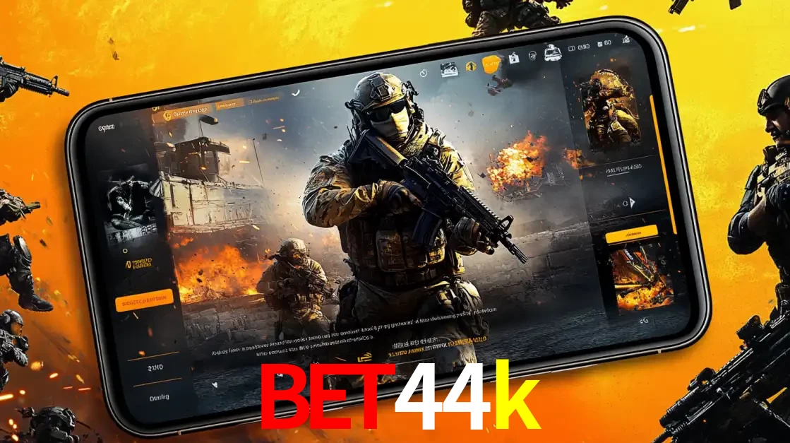 Um smartphone exibindo a interface de um jogo de tiro em primeira pessoa, com um soldado em um cenário de batalha, representando a ação dos e-sports para apostar no bet44k.