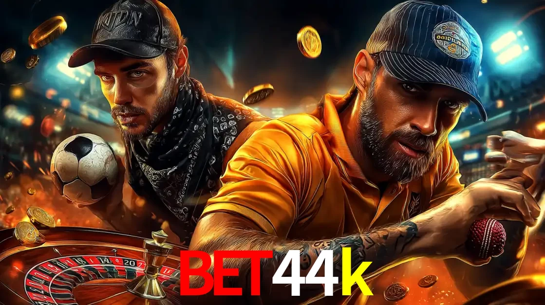 Montagem de apostas esportivas e cassino no bet44k, com um homem segurando uma bola de futebol e outro uma de beisebol sobre uma roleta e moedas voadoras.