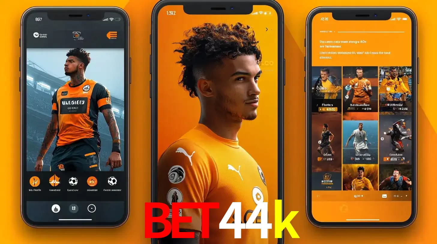 Interface do aplicativo de apostas esportivas bet44k em três telas de celular, mostrando o perfil de um jogador de futebol e a lista de jogos disponíveis para apostar.