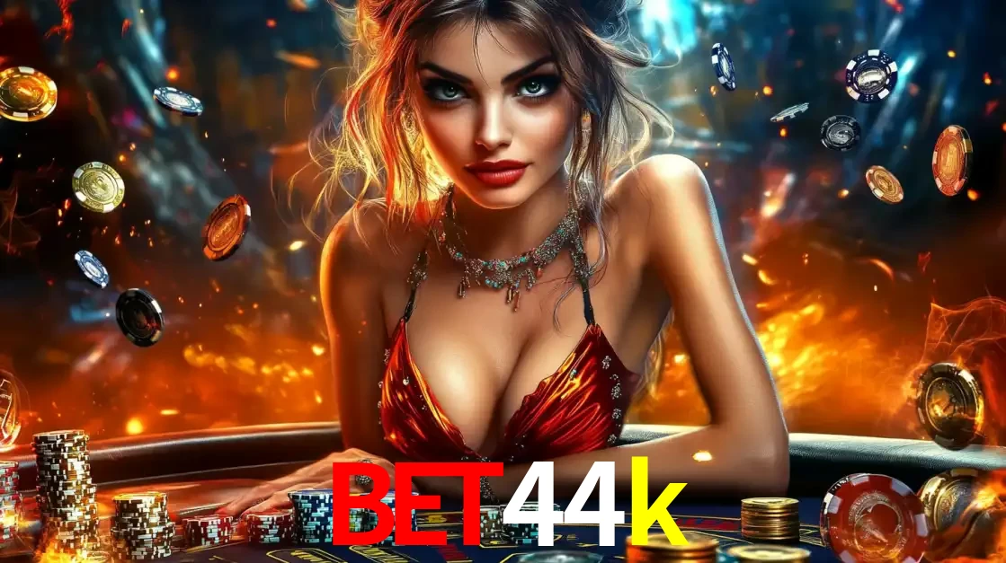 Mulher em uma mesa de cassino com pilhas de fichas e um fundo de fogo, pronta para uma rodada de altas apostas nos jogos de mesa emocionantes do cassino bet44k.