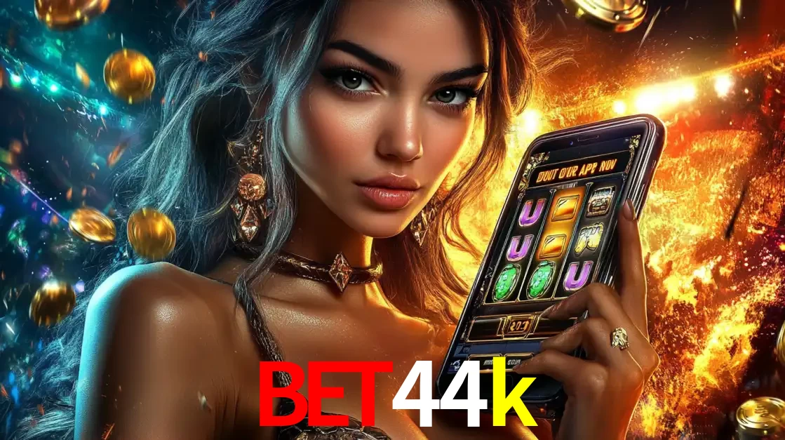 Mulher elegante mostrando um jogo de caça-níqueis em seu smartphone, destacando a experiência de cassino móvel oferecida pelo aplicativo bet44k.