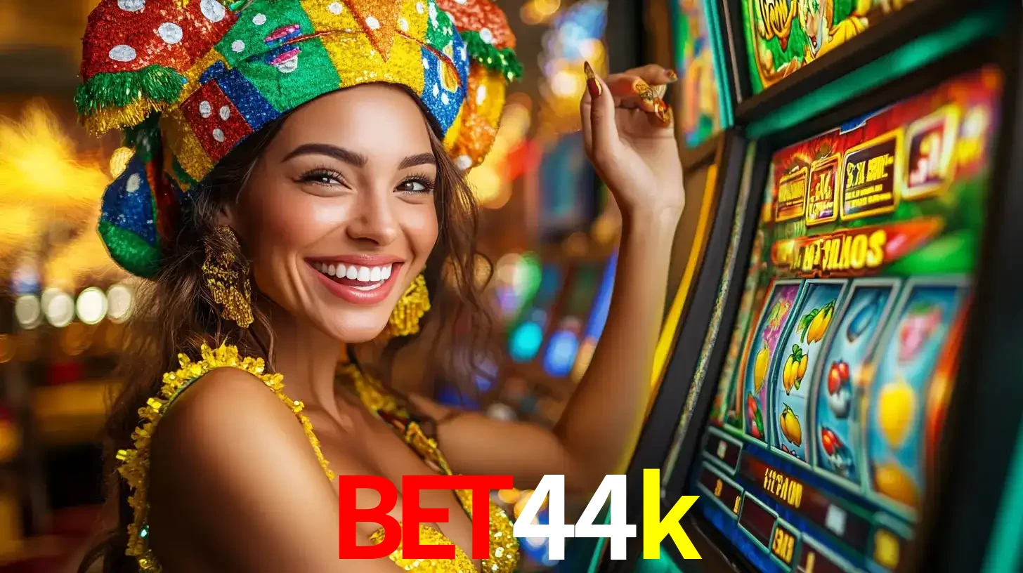Mulher feliz com traje de carnaval amarelo e colorido ao lado de uma máquina de caça-níqueis, aproveitando a diversão e os jogos temáticos do cassino bet44k.