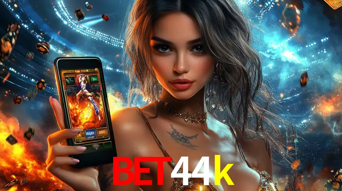 Mulher segurando um celular com um jogo de slot em destaque, tendo como fundo um estádio vibrante, simbolizando a emoção de jogar no cassino móvel bet44k.
